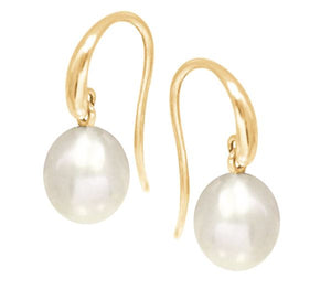9ct Yellow Gold Swinging Hook with White Fresh Water Pearl White Drop Earrings #
