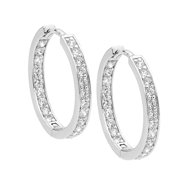 Sterling Silver White CZ Single Row Inside Out 18mm Hoop Earrings #  23907