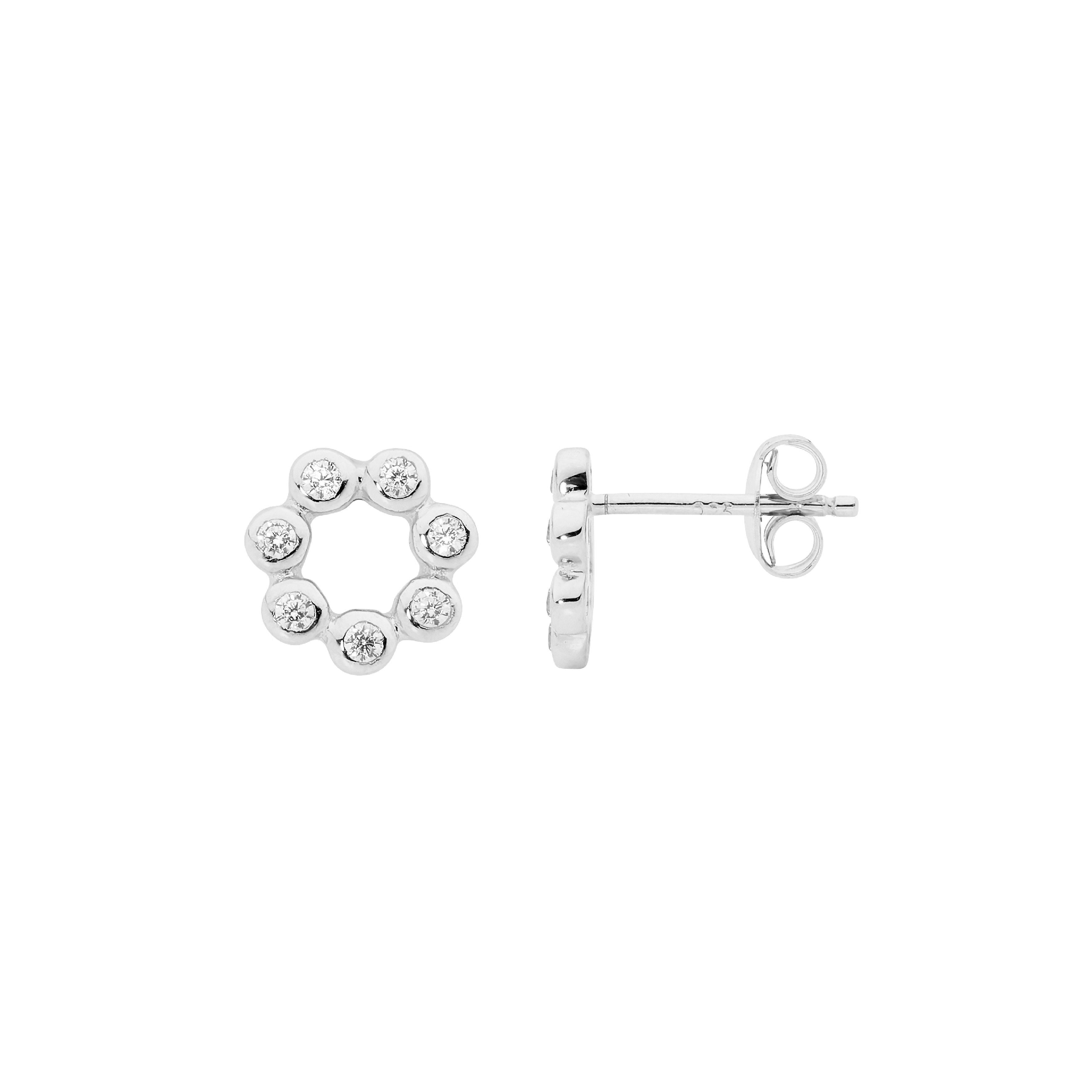 Sterling Silver White Cubic Zirconia Bezel Set Open Circle Stud Earrings #
