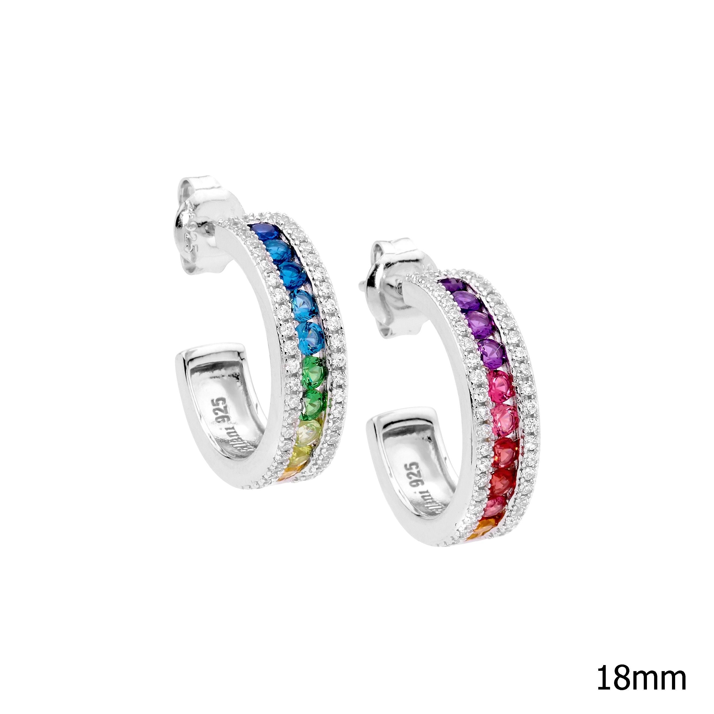 Sterling Silver Multi Colour Cubic Zirconia Channel Set 18mm Hoop Earrings #