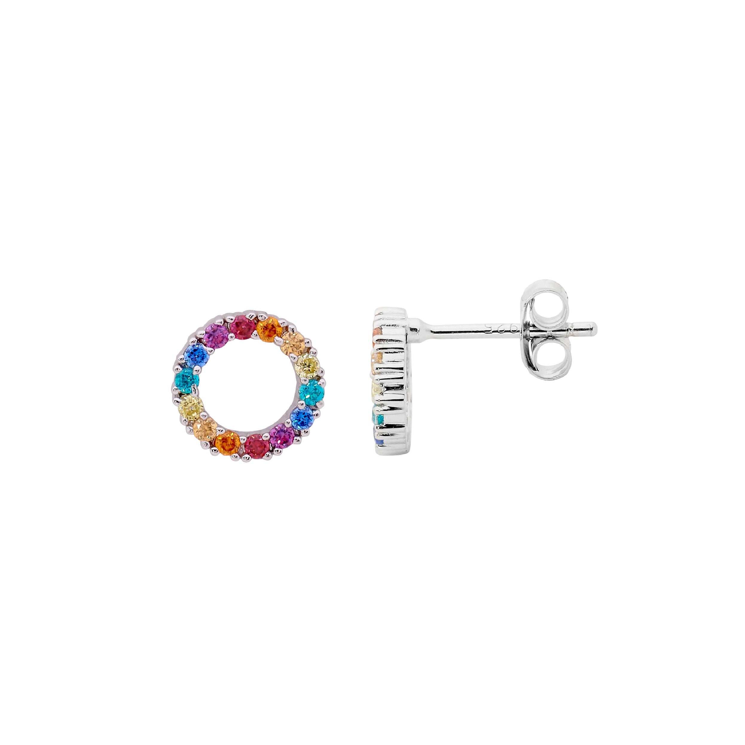 Sterling Silver 9mm Open Circle Earrings with Multi Colour Cubic Zirconia #