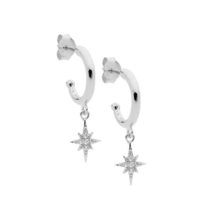 Sterling Silver Hoop Earrings with Cubic Zirconia Star #