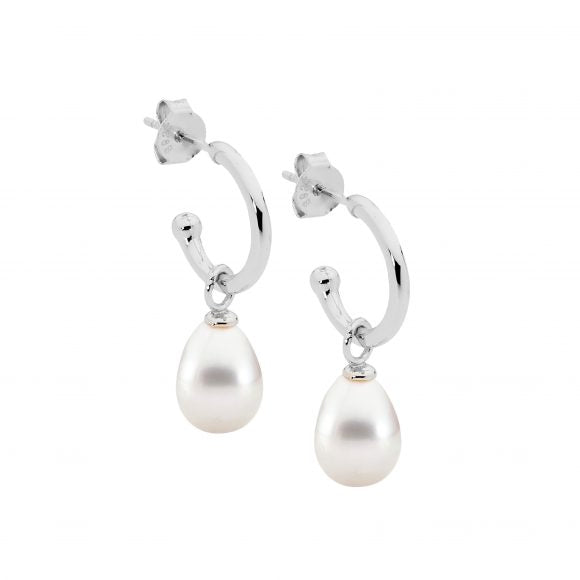 Sterling Silver 13mm Hoop Earrings with Freshwater Pearl Drop #