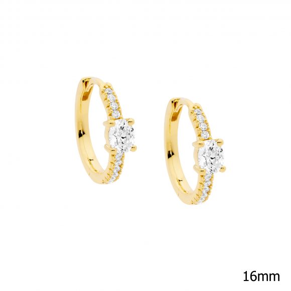 Sterling Silver White Cubic Zirconia 16mm Hoop Earrings Oval with Gold Plating #22932
