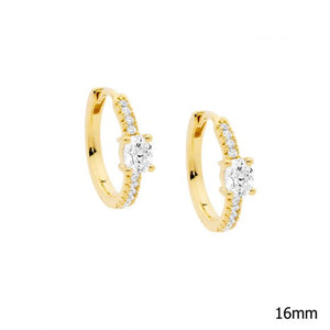 Sterling Silver White Cubic Zirconia 16mm Hoop Earrings Oval with Gold Plating #22932