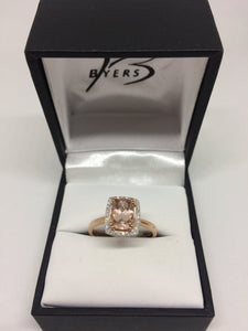 9ct Rose Gold Morganite and Diamond Halo Style Dress Ring #