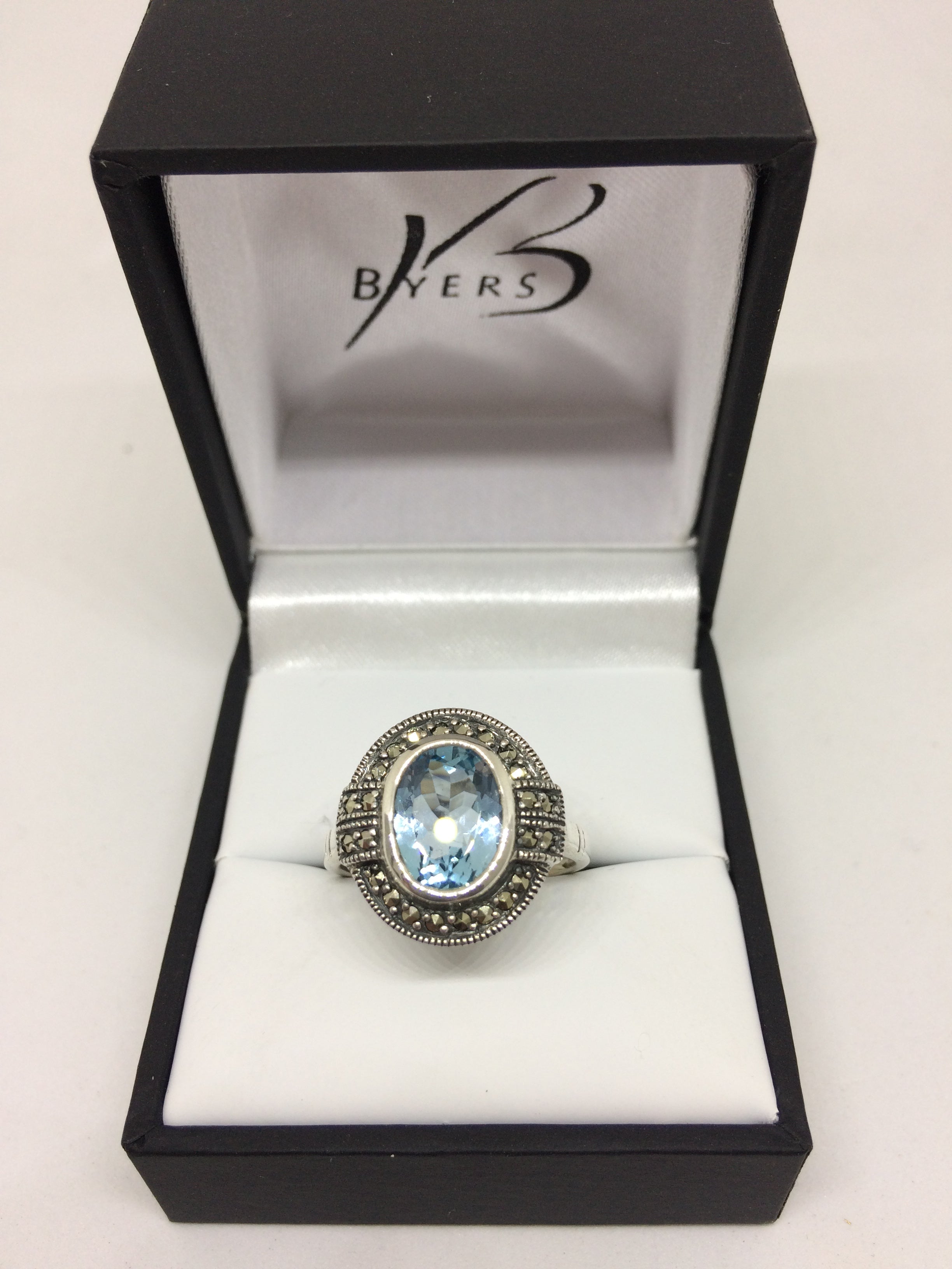 Sterling Silver Blue Topaz and Marcasite Dress Ring #