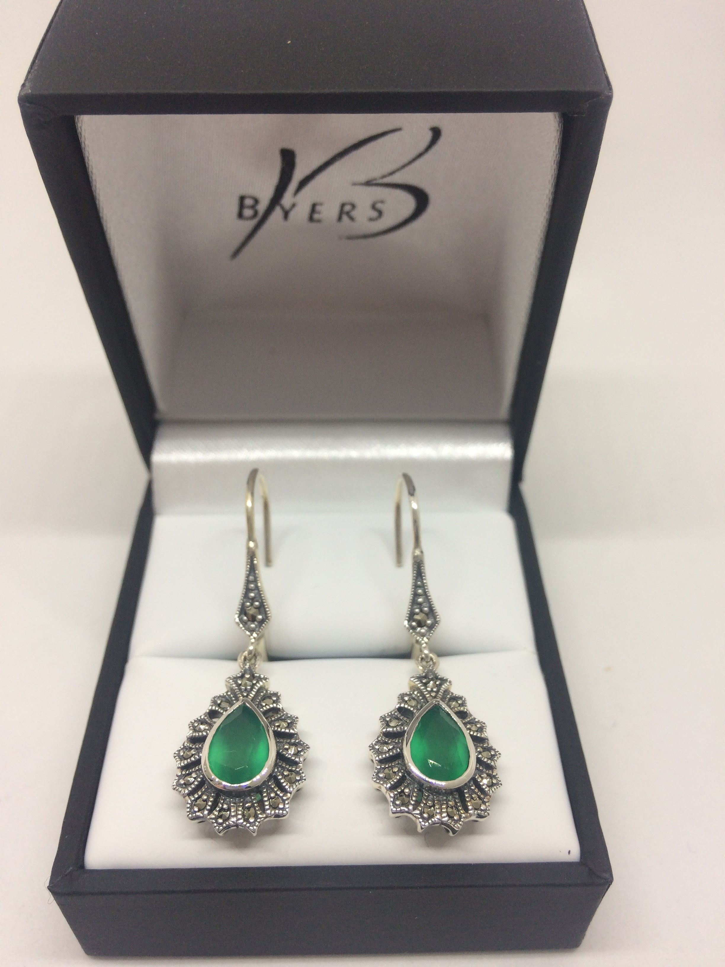 Sterling Silver Green Agate and Marcasite Drop Earrings #