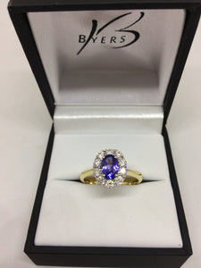 18ct Yellow Gold Tanzanite and Diamond Cluster Ring #