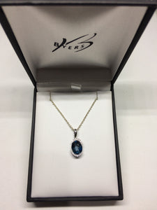 9ct White Gold London Blue Topaz and Diamond Pendant with 9ct Sterling Silver Chain #18819