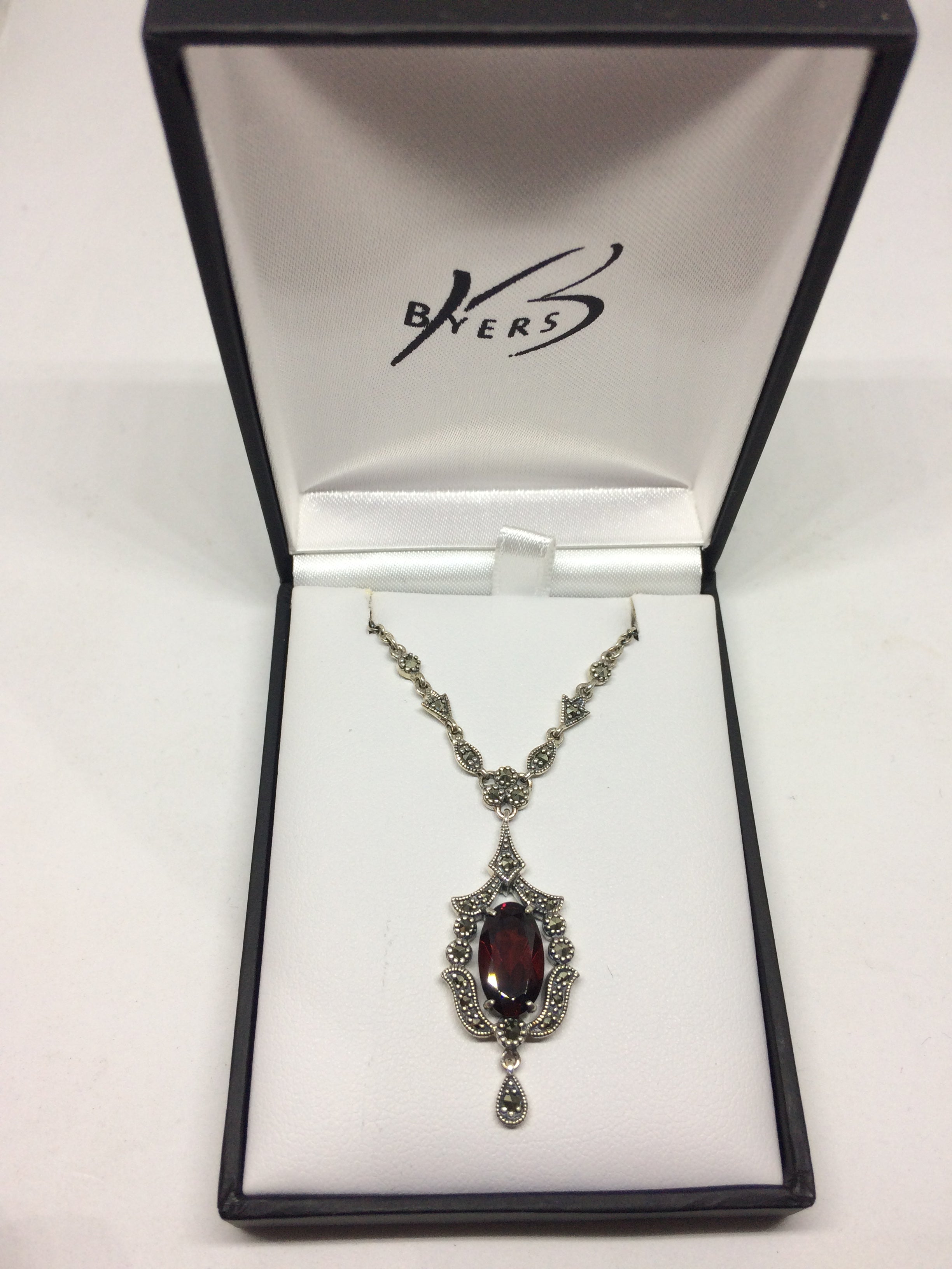Sterling Silver Garnet and Marcasite Pendant  #24367