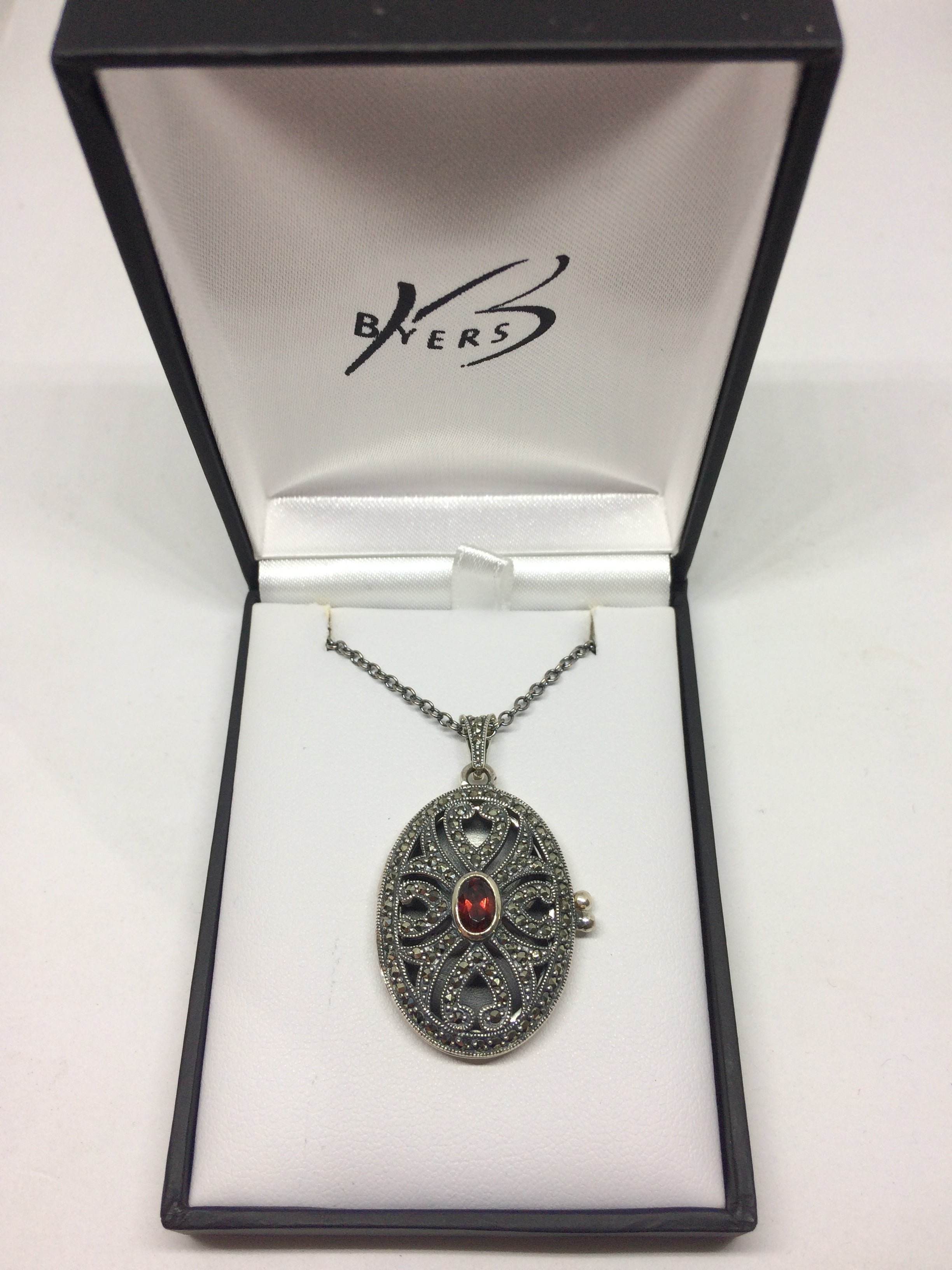 Sterling Silver Garnet and Marcasite Locket Pendant #