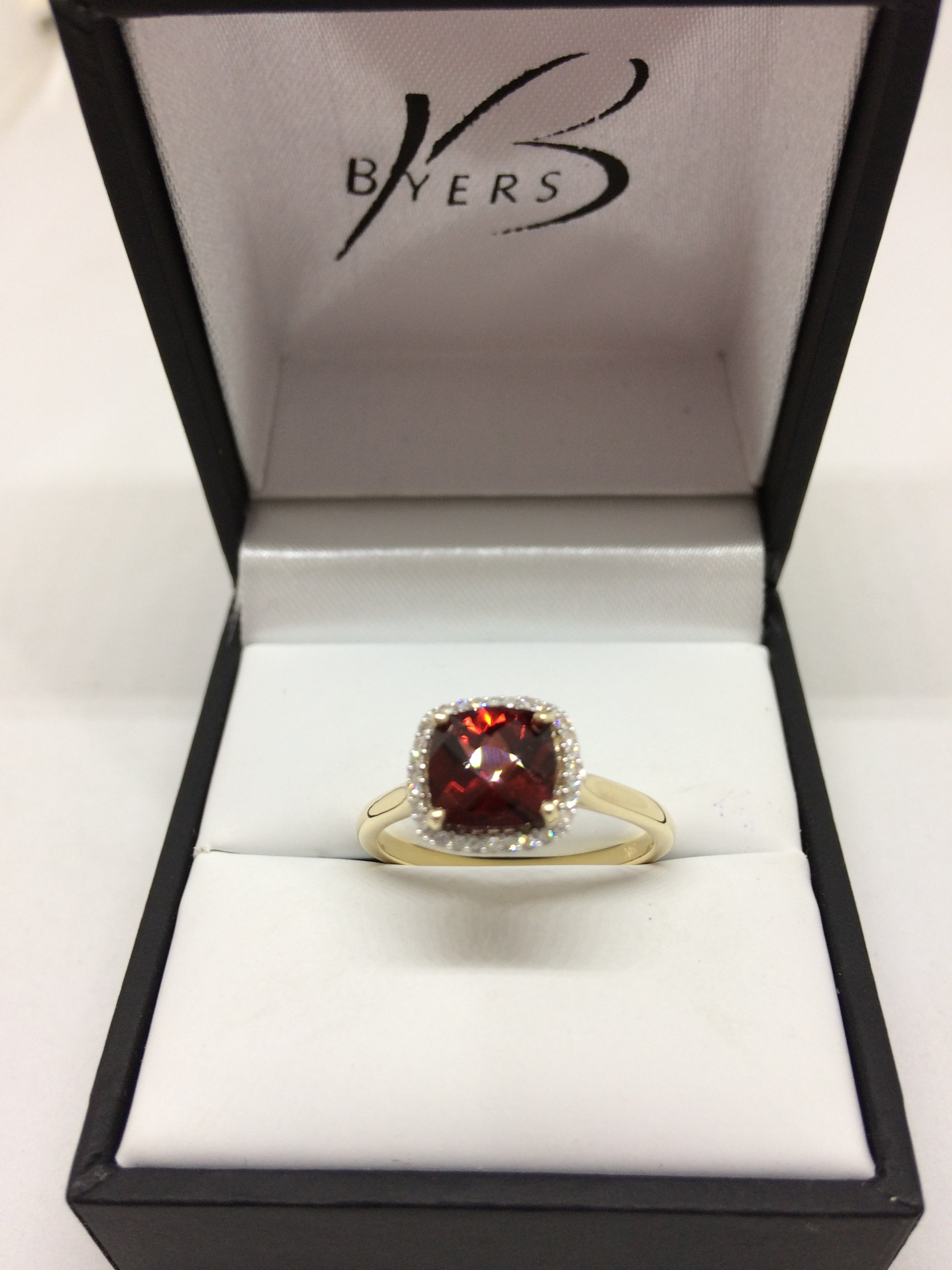 9ct Yellow Gold Cushion Cut Garnet and Diamond Cluster Dress Ring #