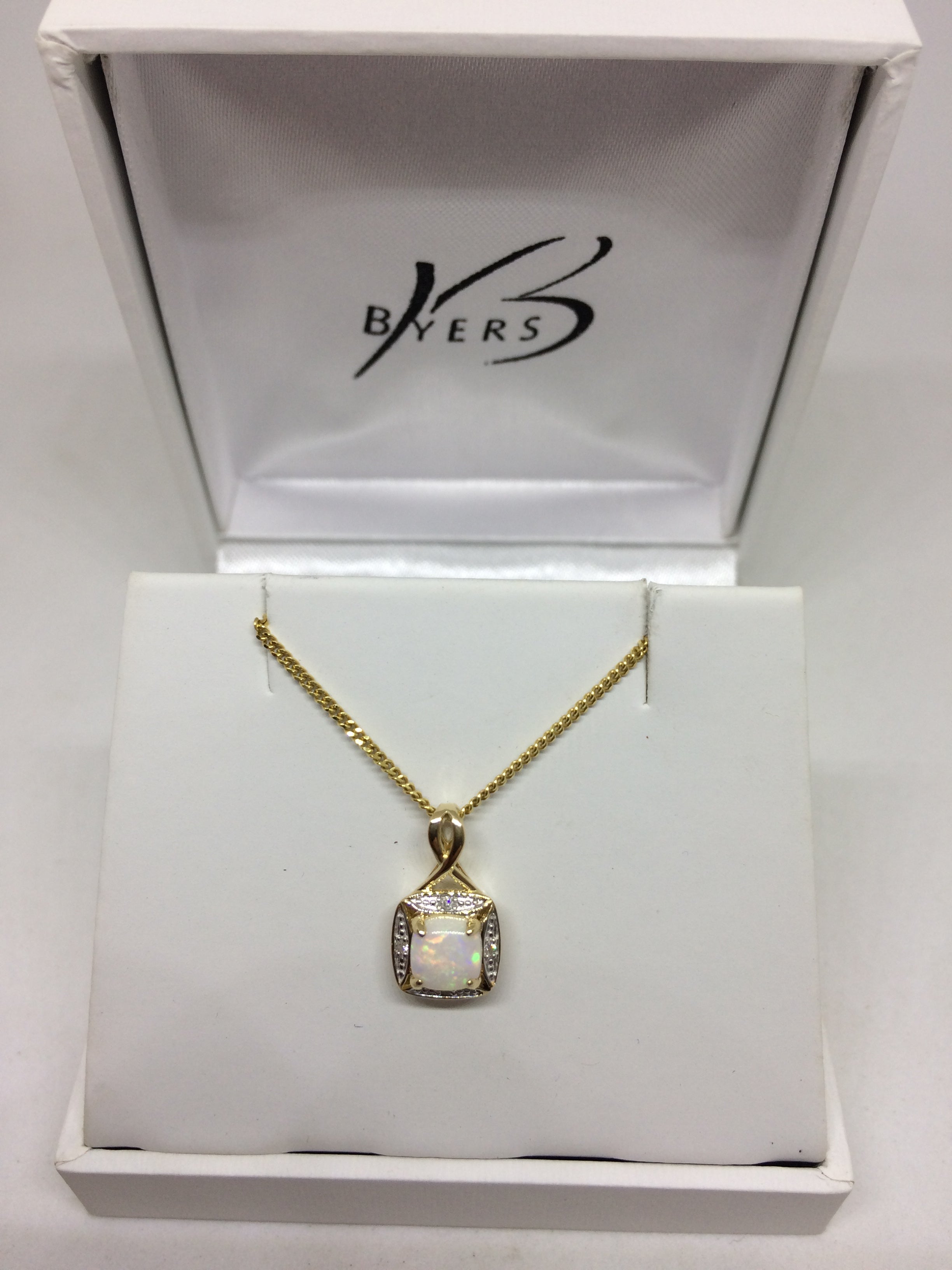 9ct Yellow Gold Diamond & White Opal Pendant #