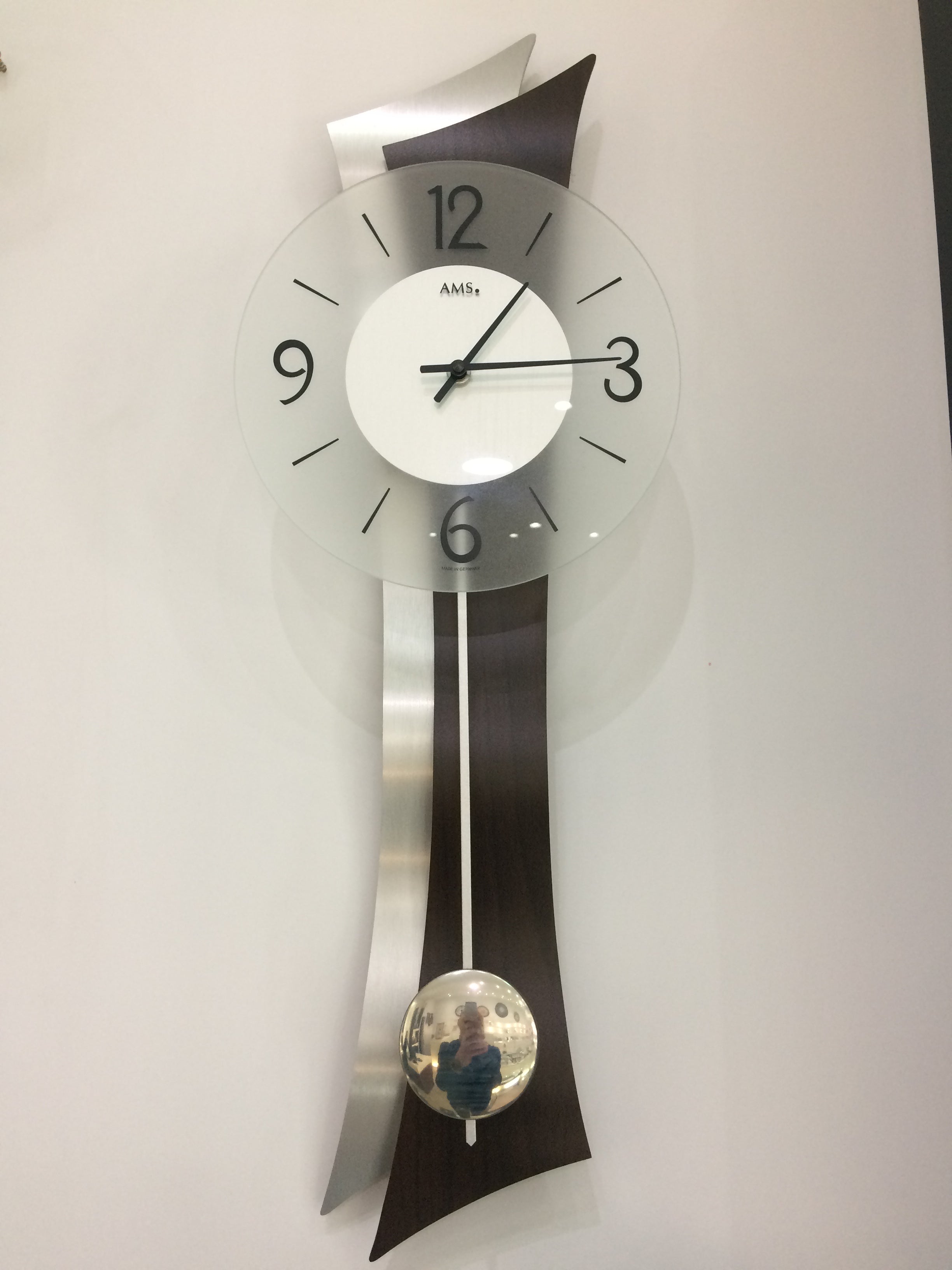 AMS Walnut /Aluminum/Glass with Pendulum 70cm Designer Wall Clock #