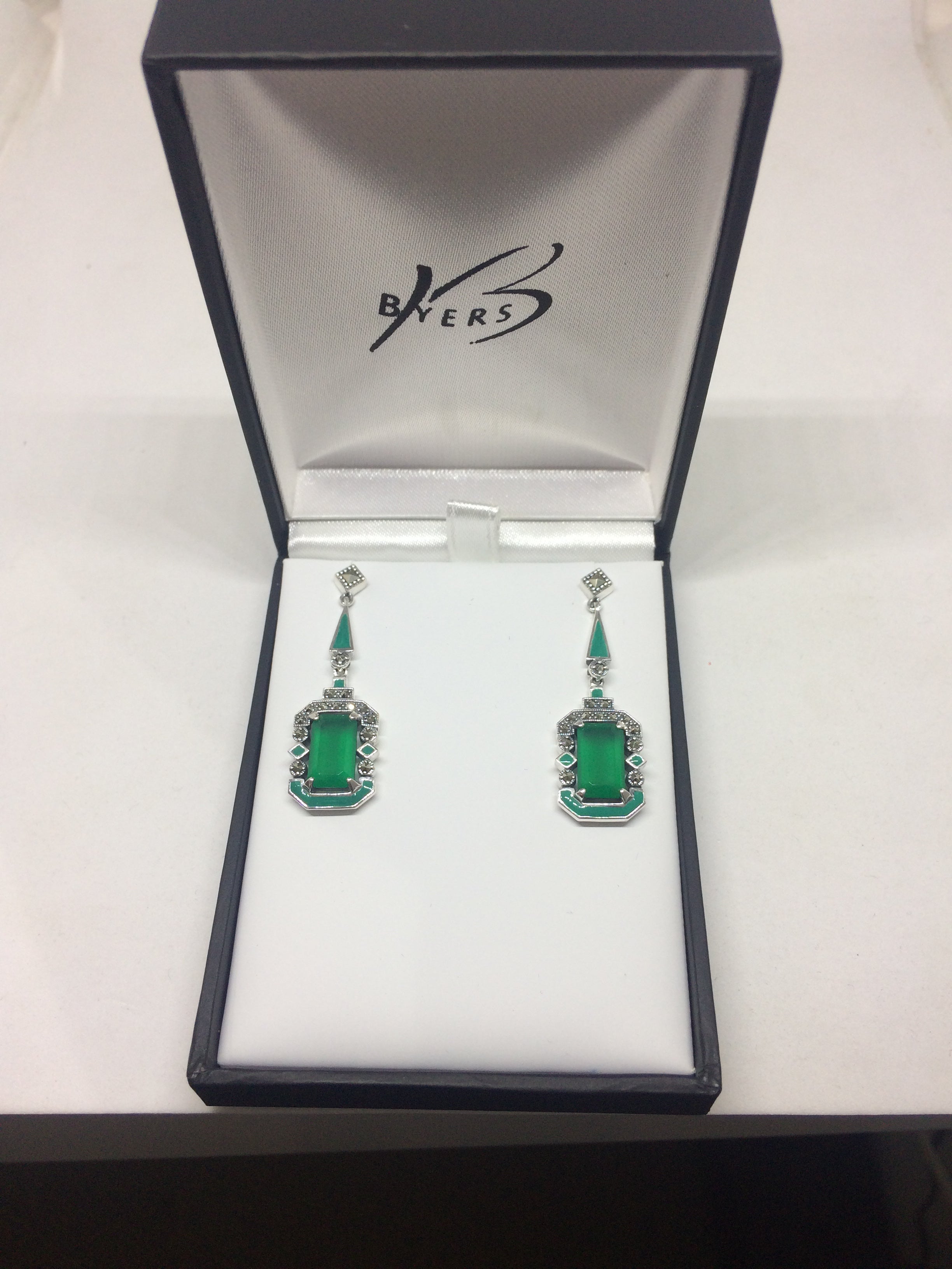 Sterling Silver Antique Emerald Cut 10 x 6MM Green Agate Drop Marcasite #