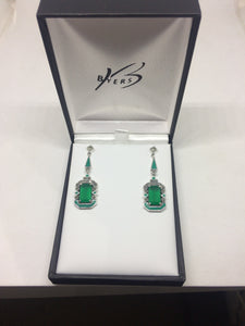 Sterling Silver Antique Emerald Cut 10 x 6MM Green Agate Drop Marcasite #
