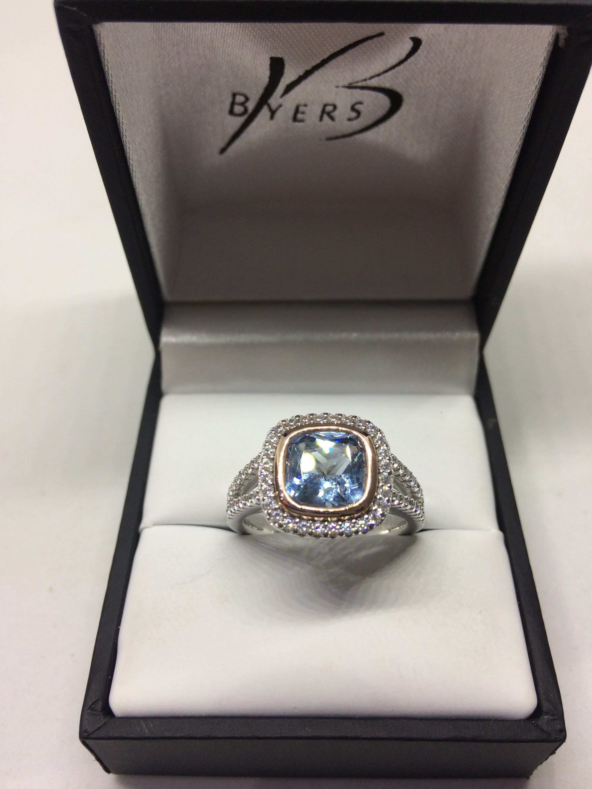 Sterling Silver CZ Light Blue Centre Stone Halo Dress Ring #