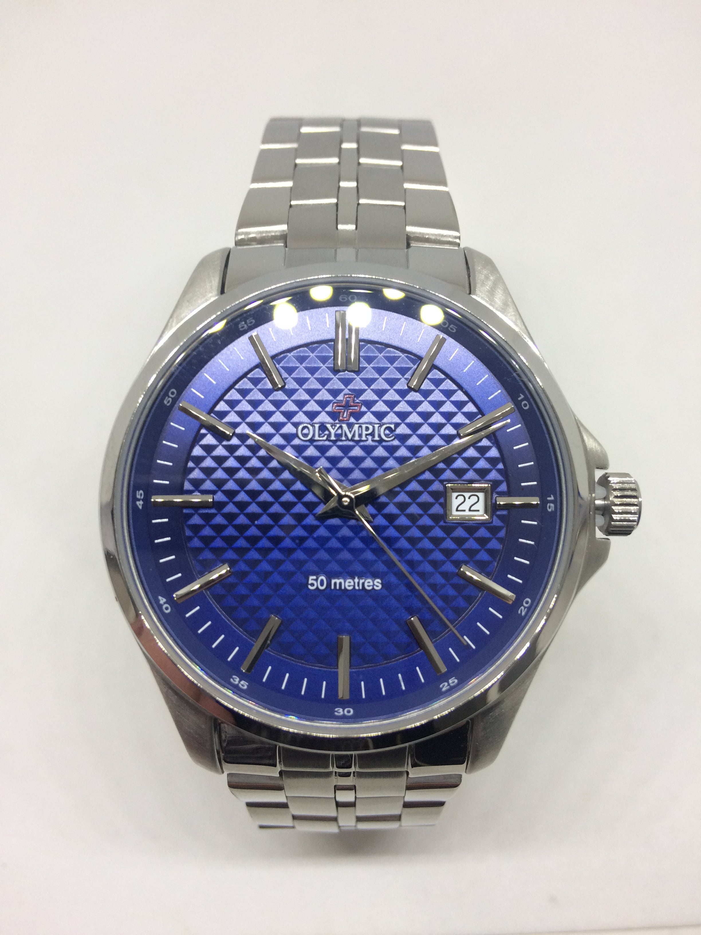 Olympic Gents Steel Bracelet Blue Index Dial Watch #