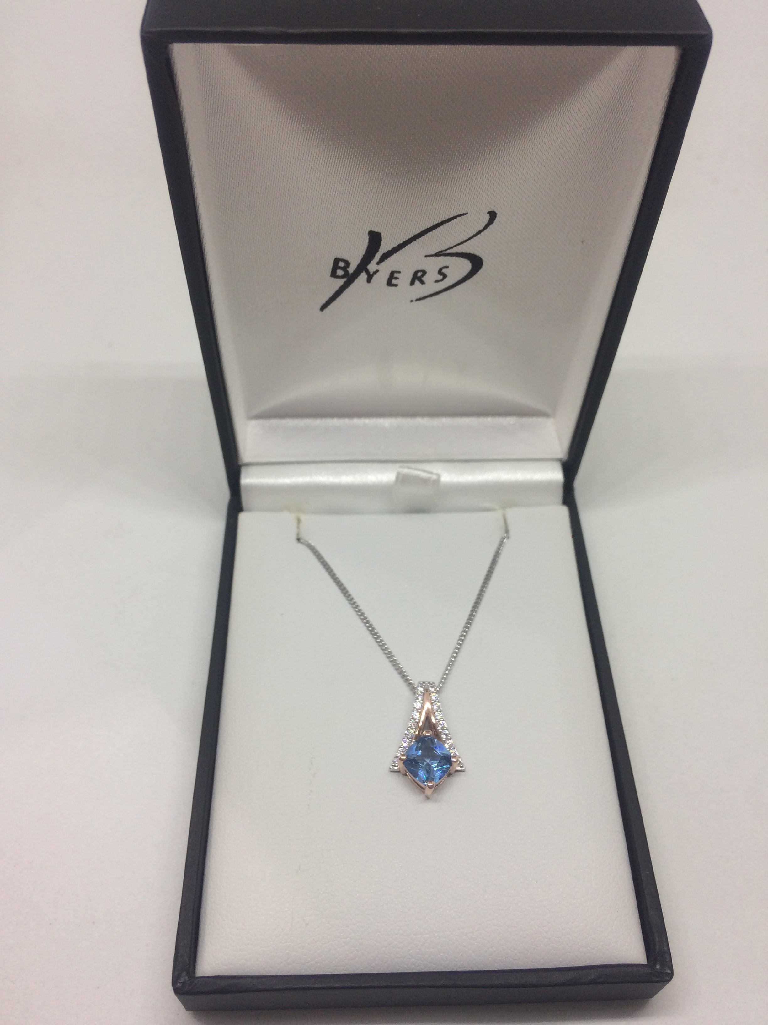 Ellani Sterling Silver Cubic Zirconia Open 'V' Cushion Cut Spinel & Rose Gold Plated Pendant #24343