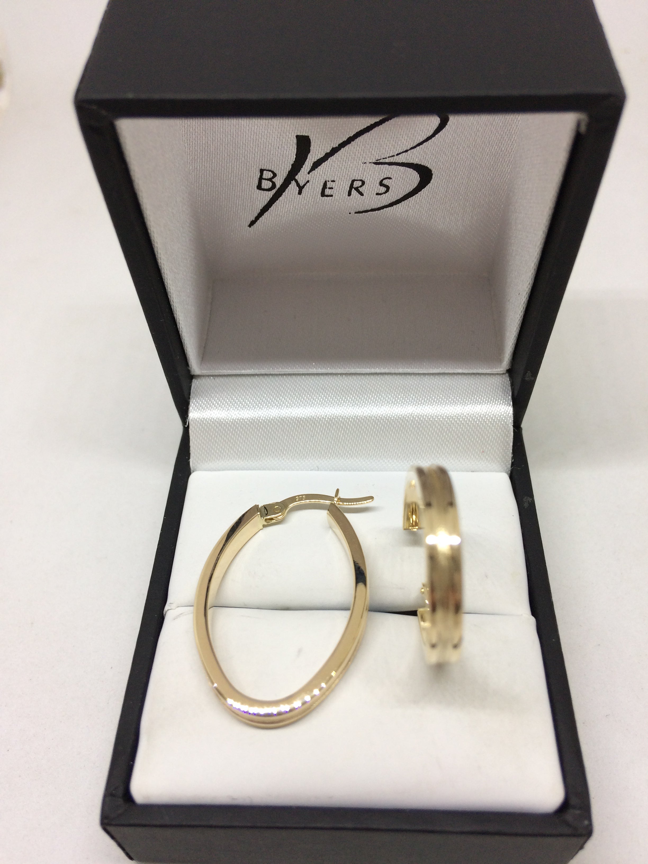 9ct Yellow Gold Elongated Textured Indent Hoop Earrings #
