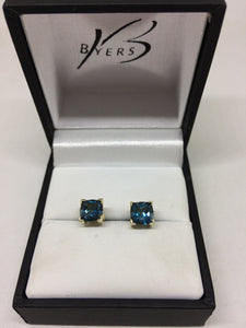 9ct Yellow Gold London Blue Topaz Cushion Cut Stud Earrings #22852