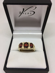 9ct Yellow Gold 3 Stone Graduated Garnet & Diamond Ring #22478