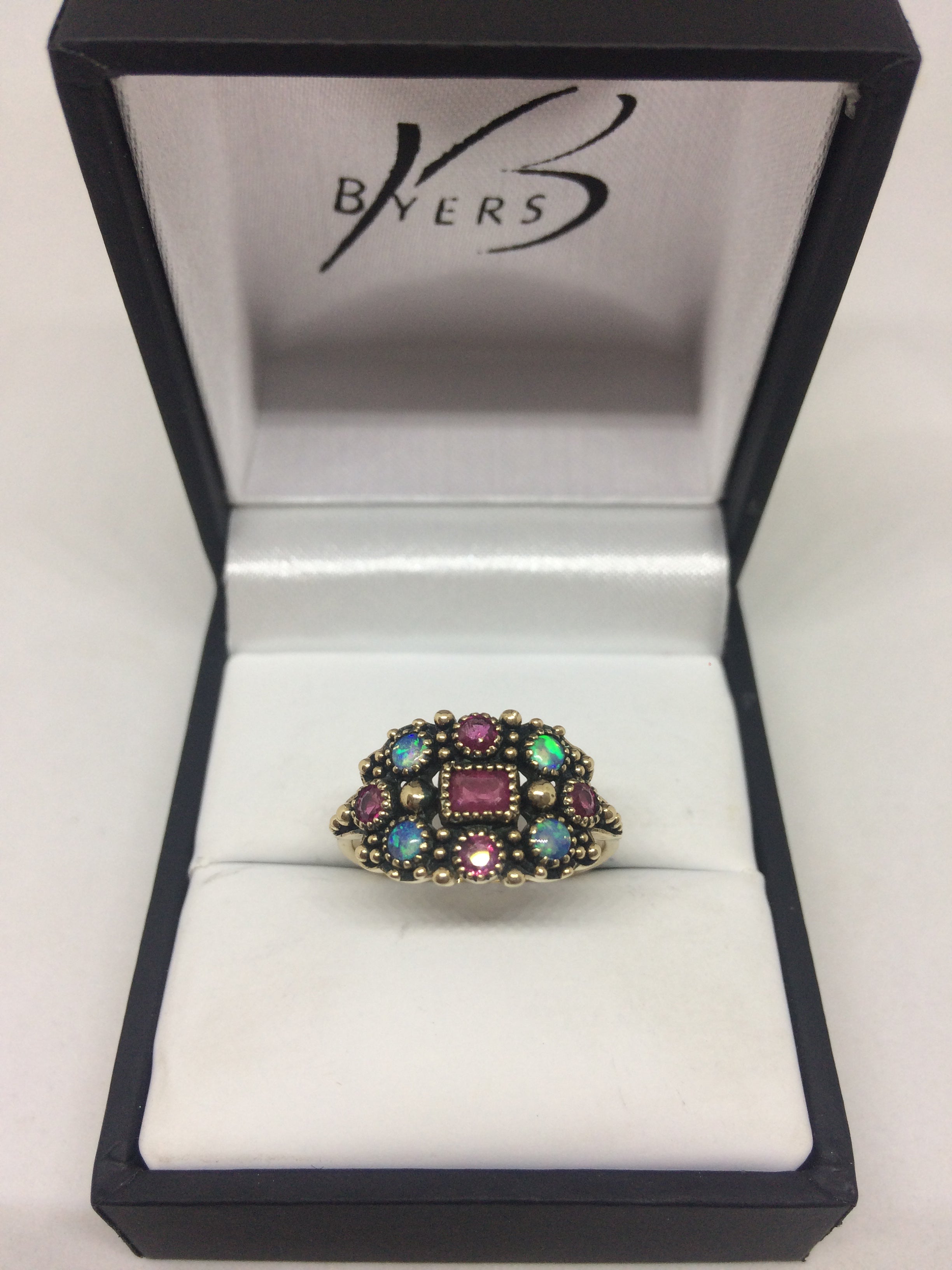 9ct Yellow Gold Ruby & Opal Cluster Ring #