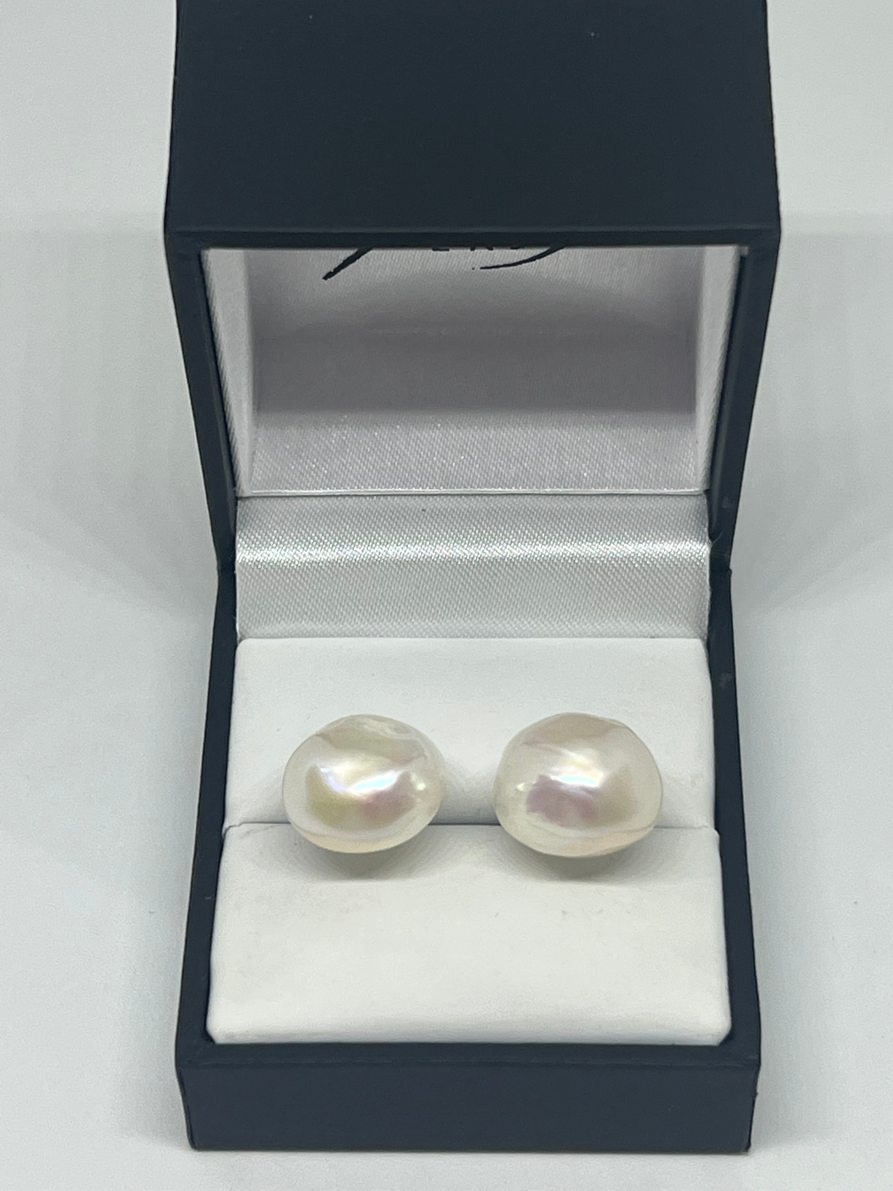 Sterling Silver Post with White Baroque Button Fresh Water Pearl Earrings #22736