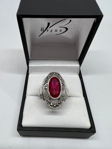 Sterling Silver Synthetic Ruby & Marcasite Ring #