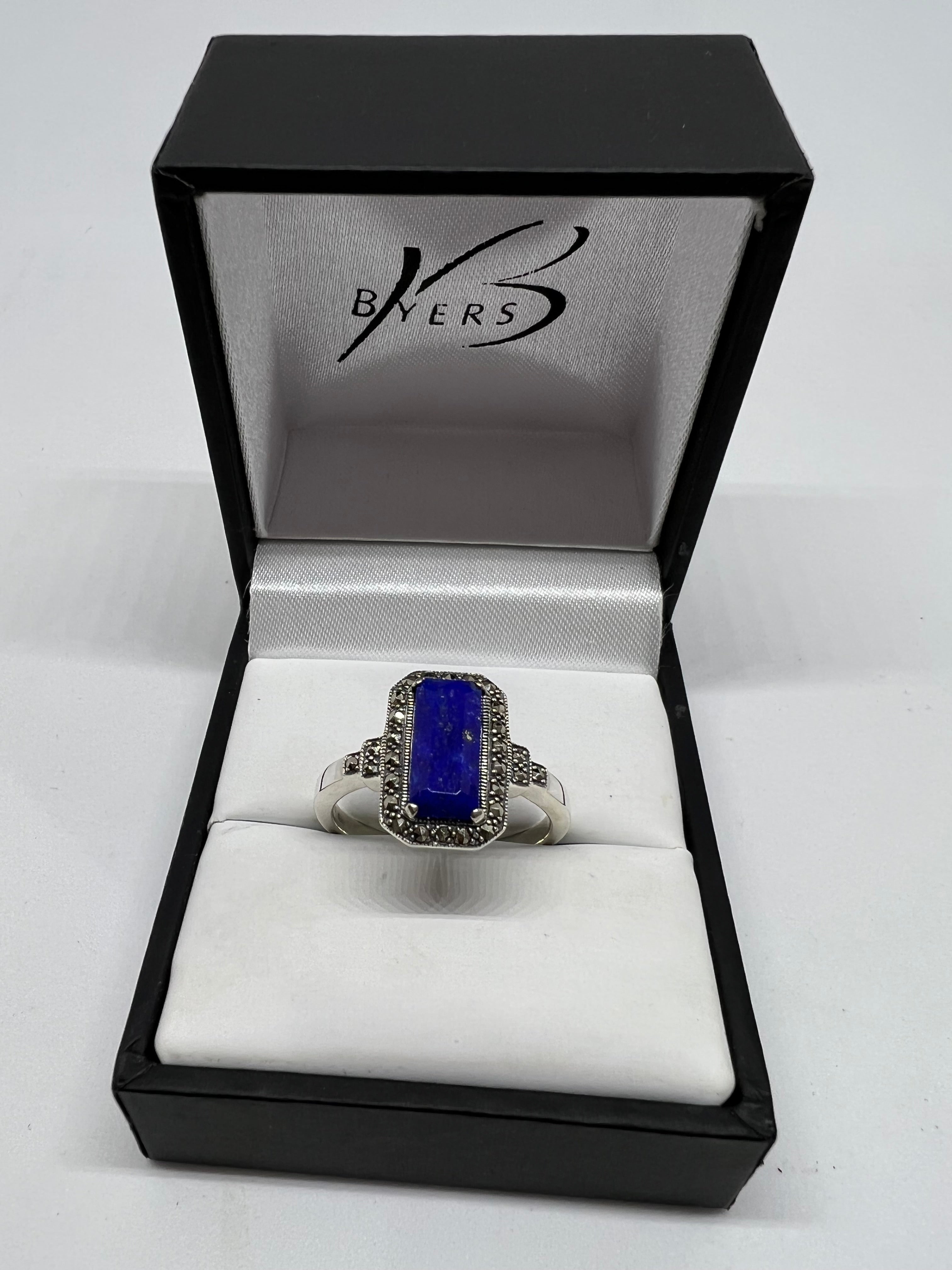 Sterling Silver Emerald Cut 11x5mm Lapis & Marcasite Ring #22870