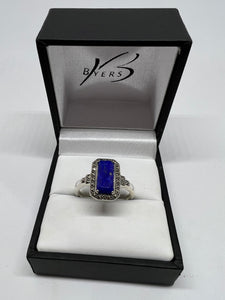 Sterling Silver Emerald Cut 11x5mm Lapis & Marcasite Ring #22870