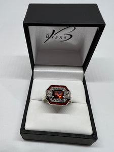Sterling Silver Antique Style Rect'lar Garnet Red Enamel with Marcasite Ring #