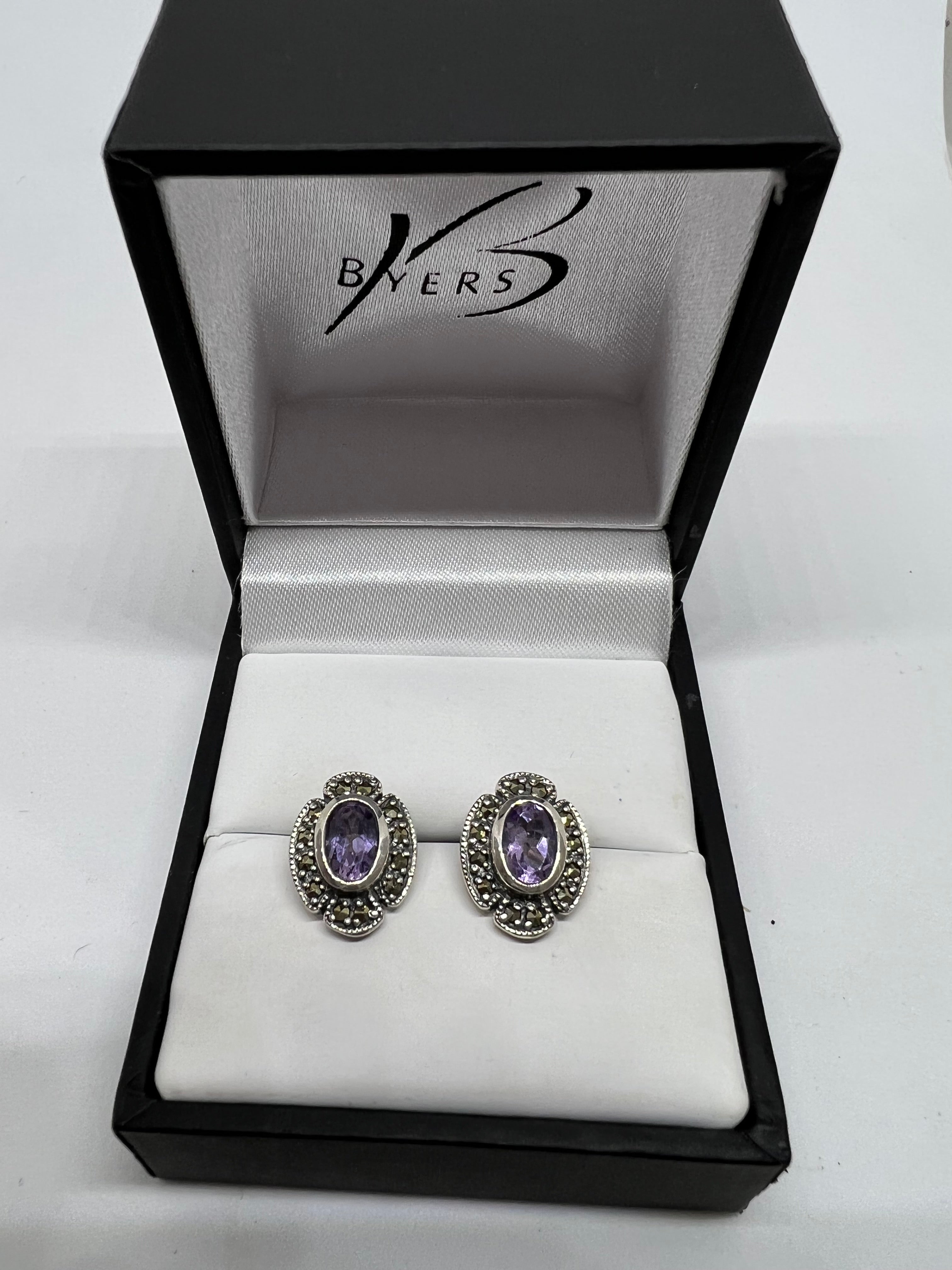Sterling Silver Antique Oval Amethyst Stud & Marcasite Edge Earrings #22877