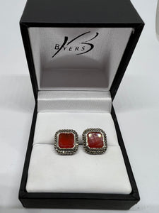 Sterling Silver Antique Square Red Carnelian & Marcasite Stud Earrings #