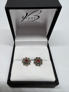 Sterling Silver Antique Round Garnet & Marcasite Around the Edge Earrings #22876