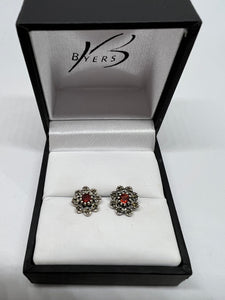 Sterling Silver Antique Round Garnet & Marcasite Around the Edge Earrings #