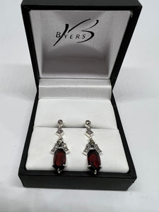 Sterling Silver Antique Oval Garnet 9 x 5mm Drops with Marcasite Earrings #22883