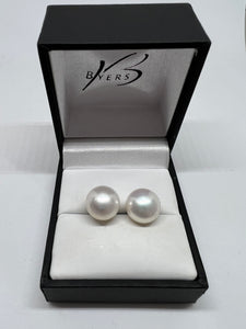 14ct Yellow Gold Fresh Water White Pearl Button Earrings #