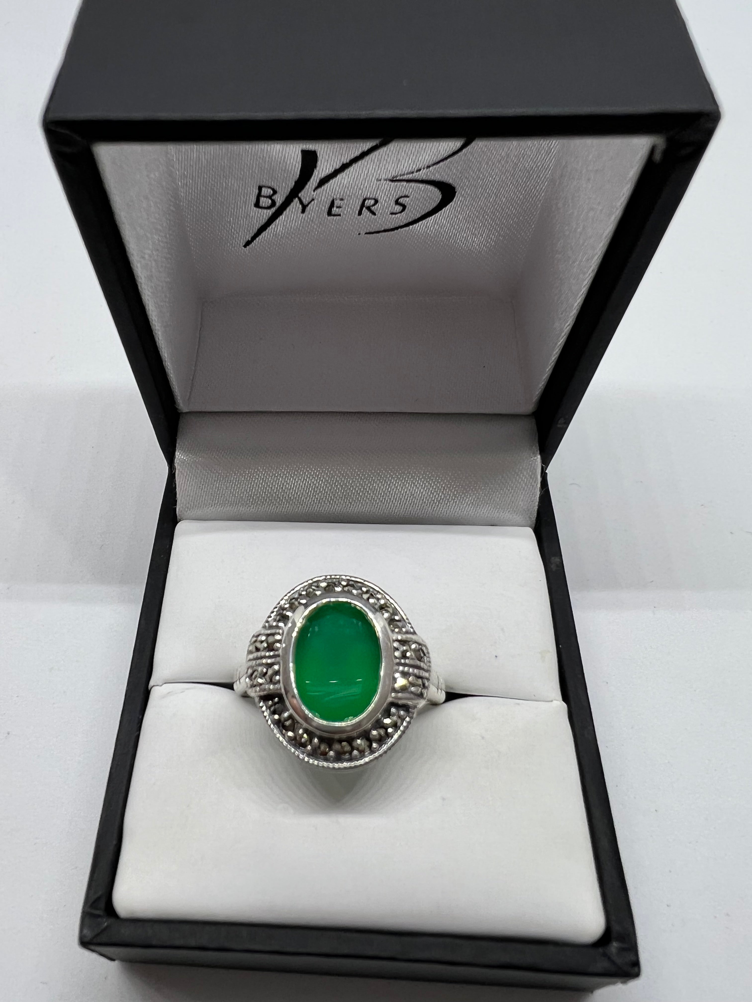 Sterling Silver Antique Style Oval Green Agate & Marcasite's Ring #