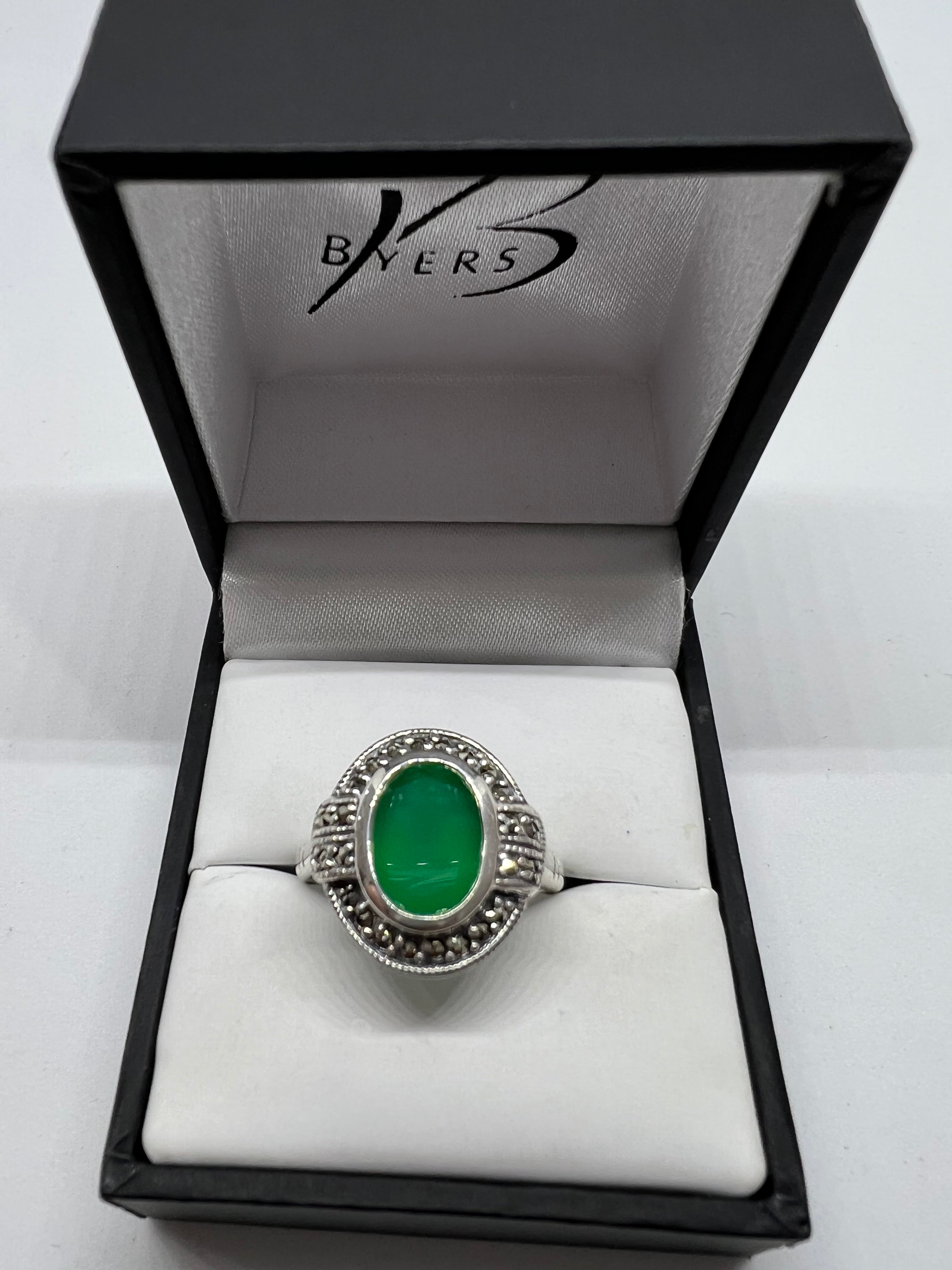 Sterling Silver Antique Style Oval Green Agate & Marcasite's Ring #22992
