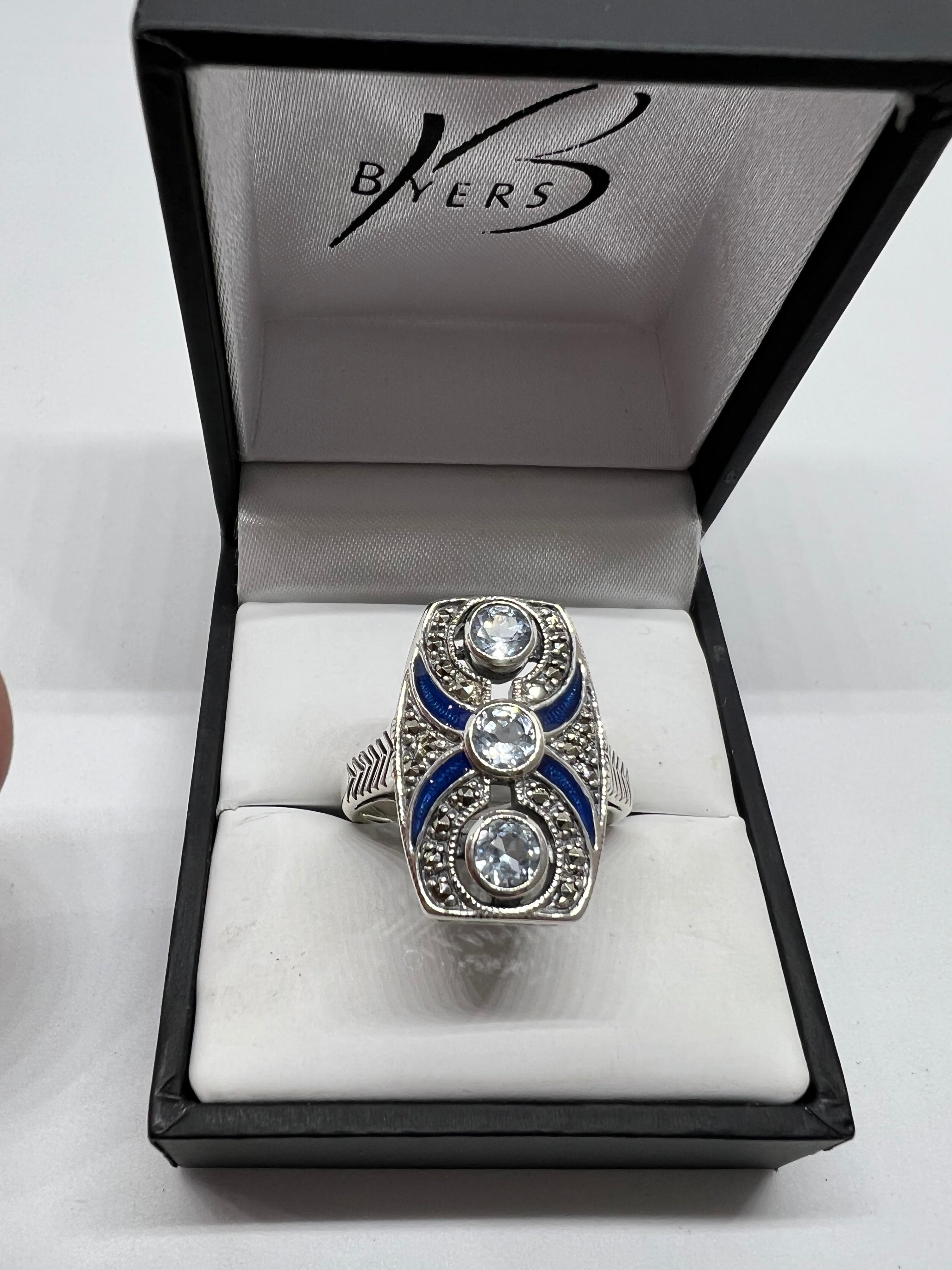 Sterling Silver Marcasite & Blue Topaz + Blue Enamel Ring #22991