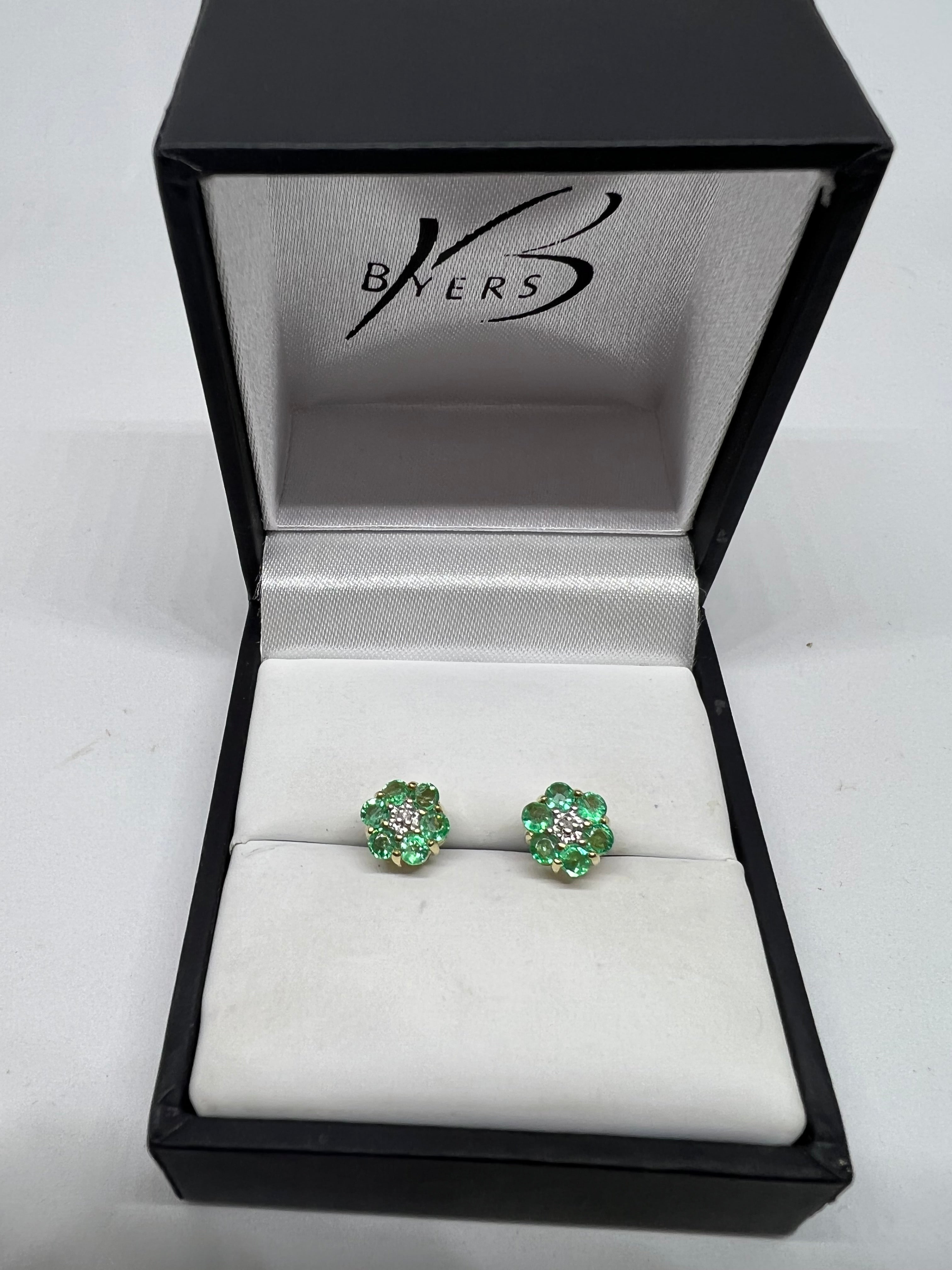 9ct Yellow Gold Emerald & Diamond Earrings #24158