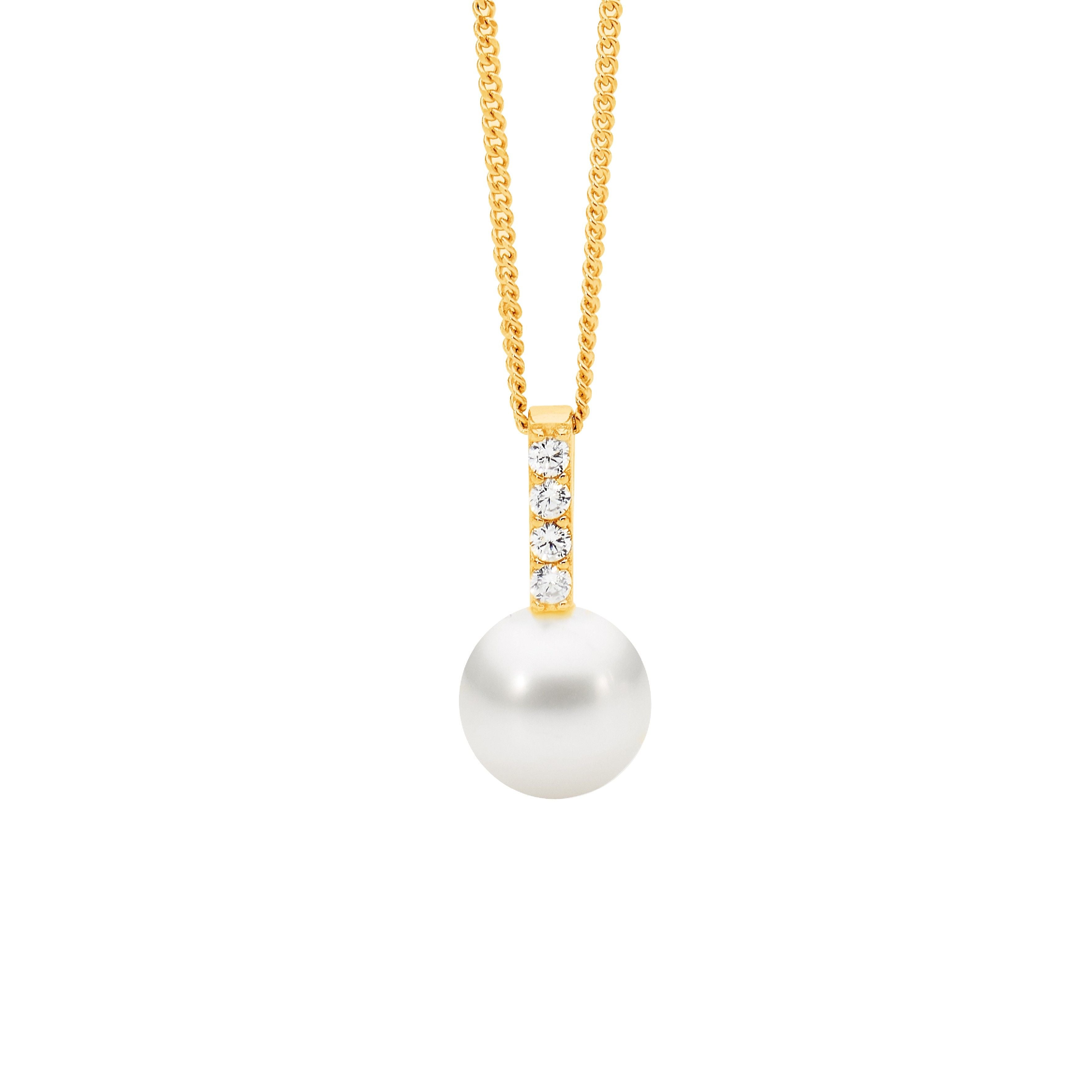 Sterling Silver White Cubic Zirconia Drop Bar Pendant Freshwater Pearl & Gold Plated #22939