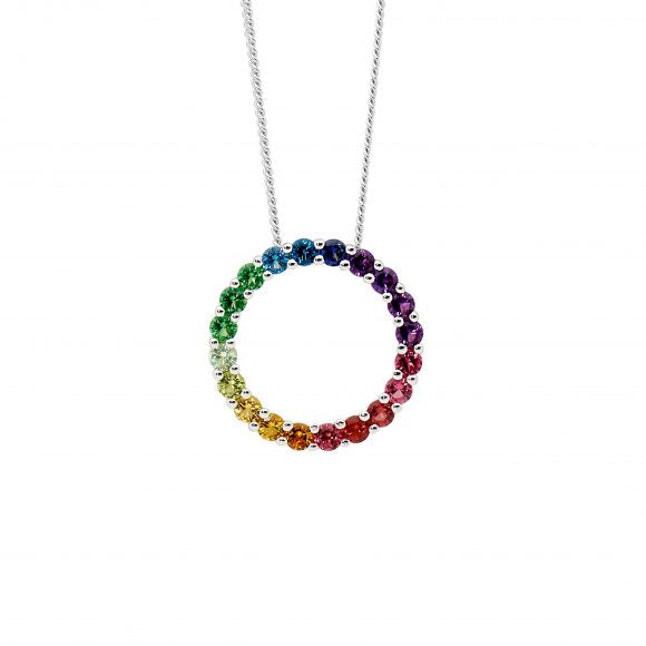 Sterling Silver Multi Colour Cubic Zirconia Claw Set 17mm Open Circle Pendant #
