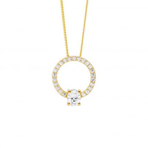 Sterling Silver White Cubic Zirconia 13mm Open Circle Pendant Oval Gold Plated  #