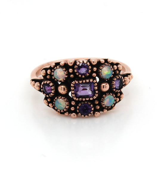 9ct Rose Gold Amethyst & Opal Cluster Ring #22737