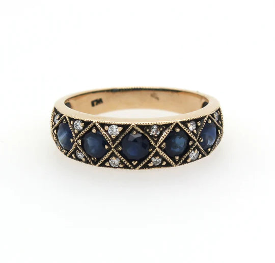 9ct Sapphire & Diamond 5 Stone Art Deco Style Ring #
