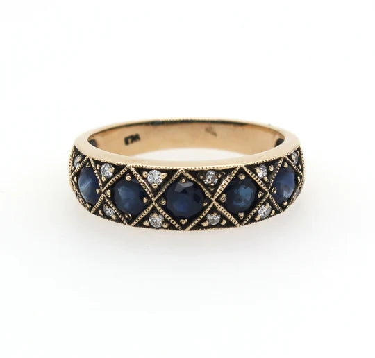 9ct Sapphire & Diamond 5 Stone Art Deco Style Ring #23707