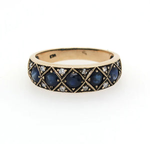 9ct Sapphire & Diamond 5 Stone Art Deco Style Ring #